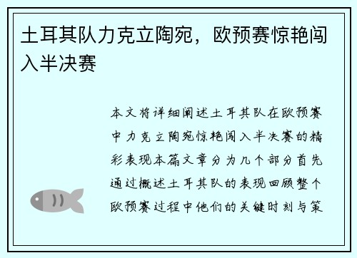 土耳其队力克立陶宛,欧预赛惊艳闯入半决赛